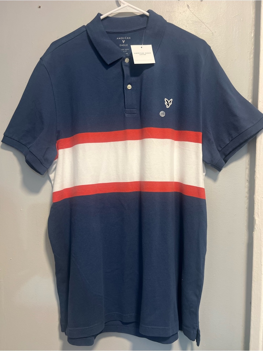 American Eagle Outfitters Navy Stripe Polo Shirt with Red & White Bands size 2XL